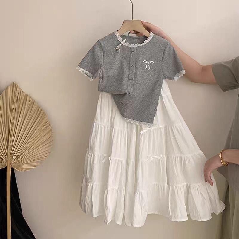 子供服 ガールズ セットアップ 花柄レース 刺繍トップス 無地スカート 上下セット 薄手 半袖 普段着 おしゃれ かわいい グレー ホワイト 110cm 120cm 130cm 140cm 150cm 160cm 4,575円