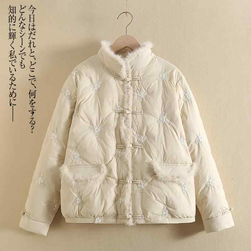 羽毛 ダウンジャケット レディース ミンク ショート丈 秋冬 白ダックダウン 刺繍 チャイナボタン 中華風 ポリエステル 立襟 ゆったりサイズ 米白 ブラック 杏色
