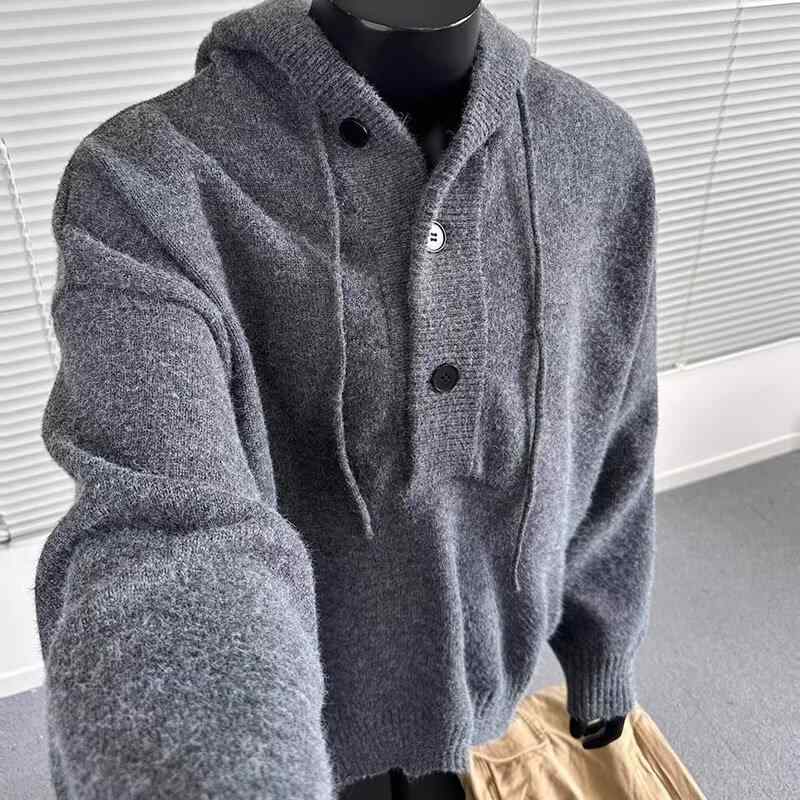 ニット メンズ ニットパーカー プルオーバー 長袖 灰色 黒色 秋冬 10代 20代 リブ ゆったり 部屋着 ラフスタイル 普段使い デイリーユース