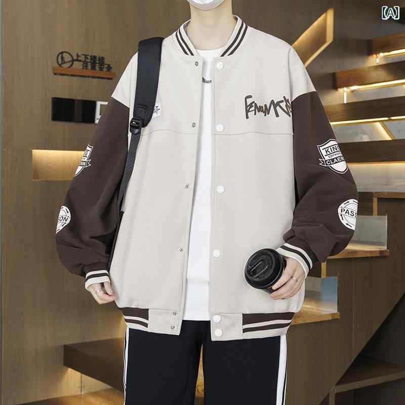 キッズ 男の子 ジュニア 春秋 コットン混紡 ルーズフィット ラウンドネック シングルブレスト ベースボールジャケット 潮風 ストリートスタイル ミックスカラー イージーケア ライトウェイト 日常使い 学校着 ミントホワイト ブラック グリーン ネイビー