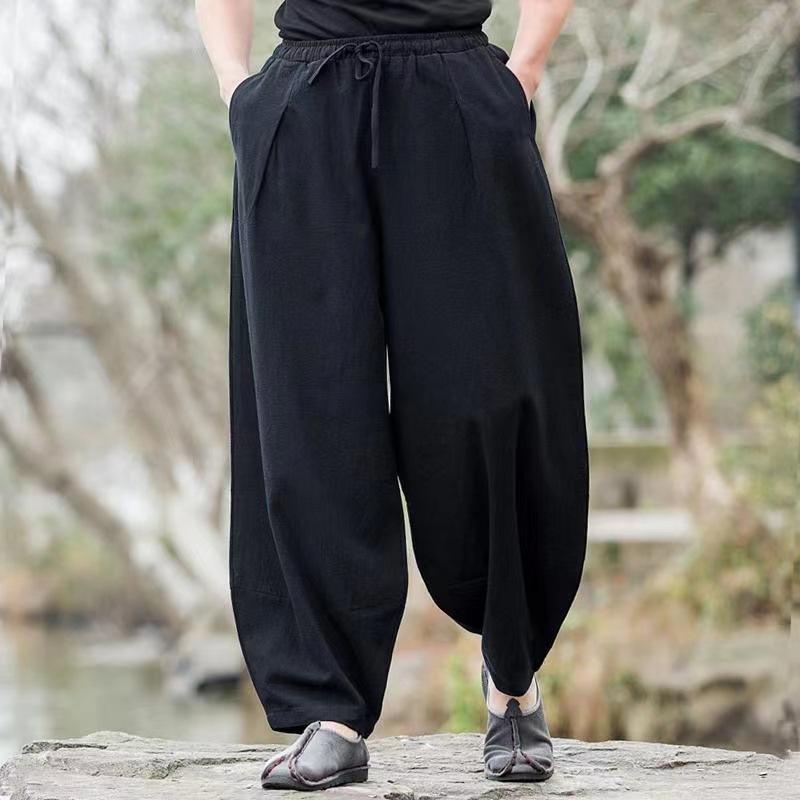 麻パンツ メンズ 9分丈 ワイドパンツ 中国風 リネンパンツ 春夏 薄手 ゆったり 大きめサイズ サルエルパンツ 部屋着 普段使い 灰色 黒色