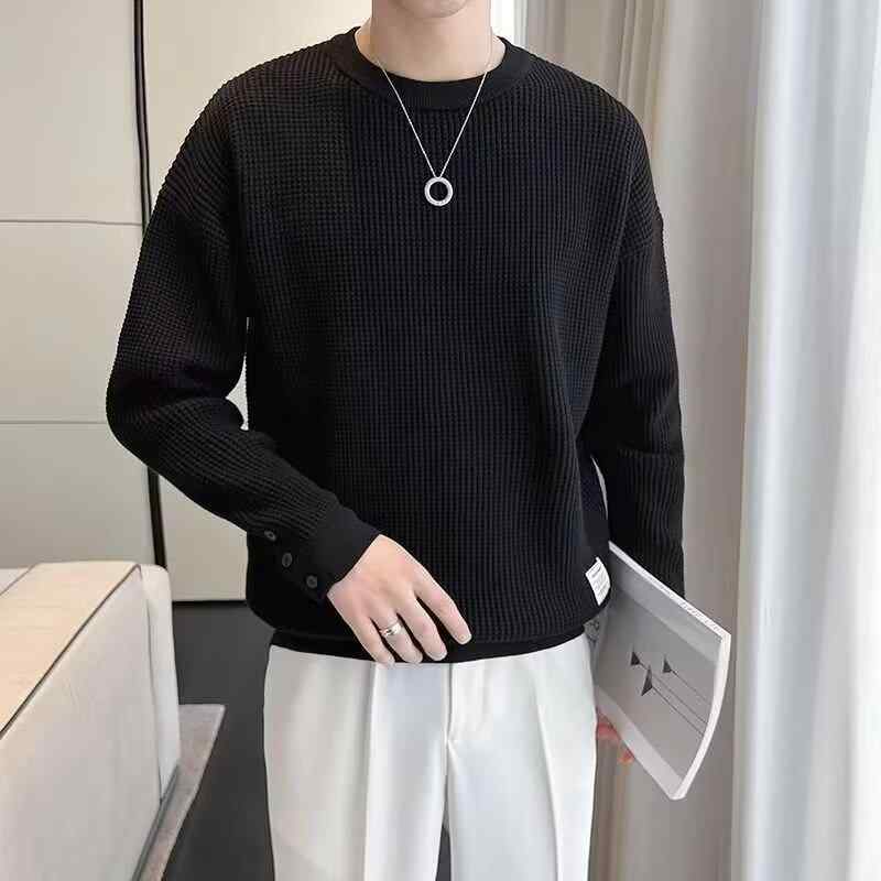 ニット メンズ ワッフル スウェット プルオーバー トップス 秋冬 暖かい ポリエステル90% ゆったり リラックス ラウンドネック カジュアル オフホワイト ブラック