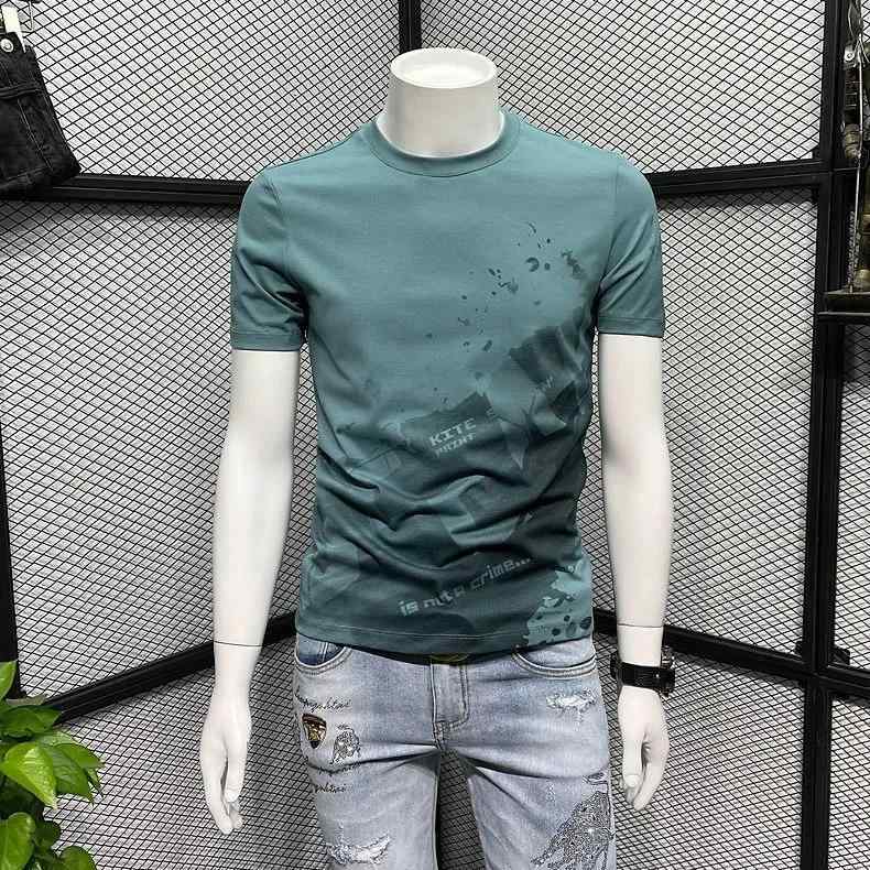 Tシャツ メンズ 男性用 プリント柄 コットン 綿100% 半袖 スリム 薄手 丸首 トップス 春夏 ブラック グリーン