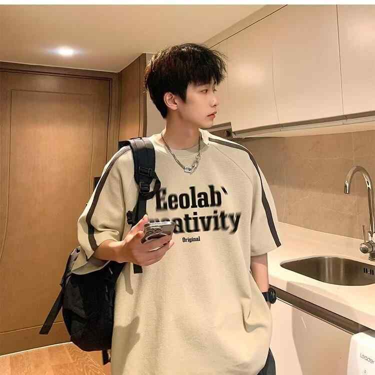 Tシャツ メンズ 男性用 半袖 アメカジ風 プリントT クルーネック 幾何学模様 ゆったりシルエット ポリエステル混紡 ブラック カーキ色