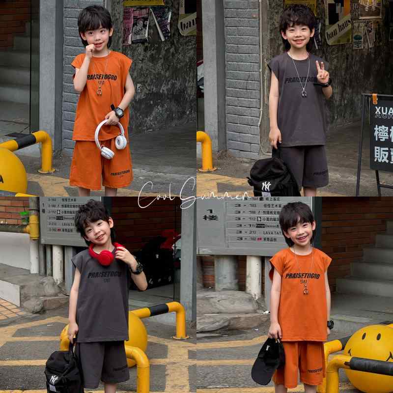 子供用セットアップ キッズ 男の子 夏服 半袖 短パン 上下 2点セット アルファベット柄 オレンジ系 グレー 110cm 120cm 130cm 140cm 150cm 160cm
