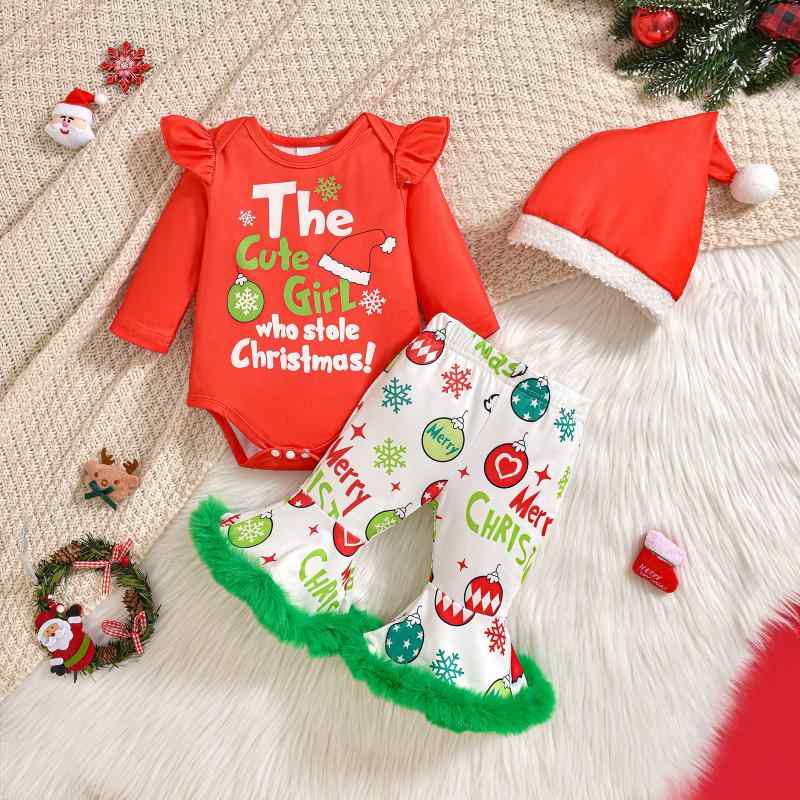 ベビー服 女の子 クリスマス 長袖ロンパース ベルボトム ズボン 帽子 3点セット 欧米風 ニット 赤 緑 1歳 2歳 冬 秋