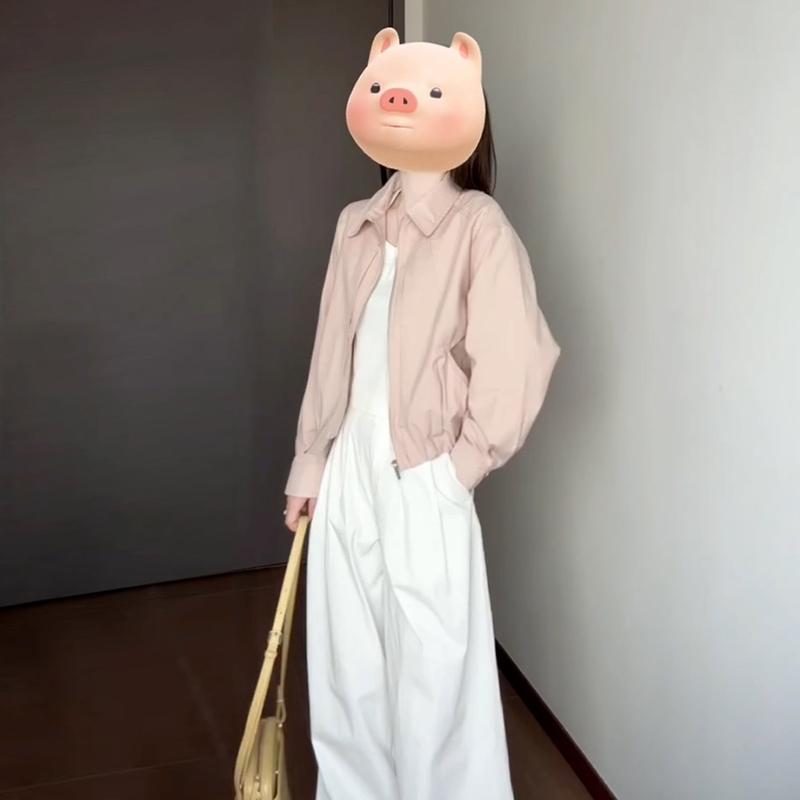 レディース ジャケット ピンク 春季 短丈 外套 野球風 トップス ポロカラ 長袖 ラグランスリーブ ゆったりシルエット ポリエステル 軽量 中厚 ジッパー 春夏 普段使い 通勤用 私服 かわいい 御姐風 ピンク系 吸湿速乾 伸縮性