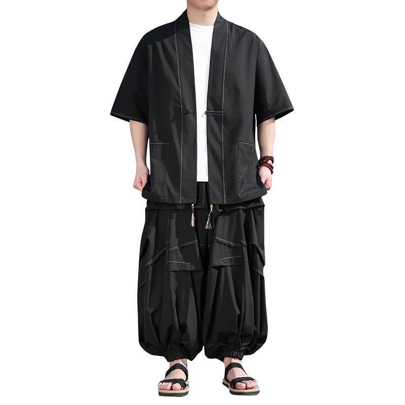 メンズ Tシャツ 長袖 カーディガン ワイドパンツ セットアップ 中国風 春夏 接触冷感 ブラック|トミーショップ 店