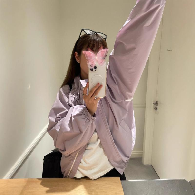 上衣 レディース アメリカン表現スタイル ビンテージ風 春夏秋冬 通い用 精神状態絵図面 透け透けロング衣袂 立襟 ポリエステル原材料 軽さ 伸縮性 黒いこと 白いこと パープル カジュアルアウター トップス 厚地の外套 コート・ジャケット-レディースファッション
