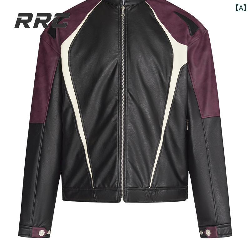 レディース バイカージャケット 春秋 切り替え デザイン 防風 長袖 トップス トレンド ストリートスタイル ジップアップ ポリエステル 素材 中厚 スタンドカラー ルーズフィット 赤 ブルー 長丈 50cm 以上 カジュアル レイヤード 対応 吸湿速乾