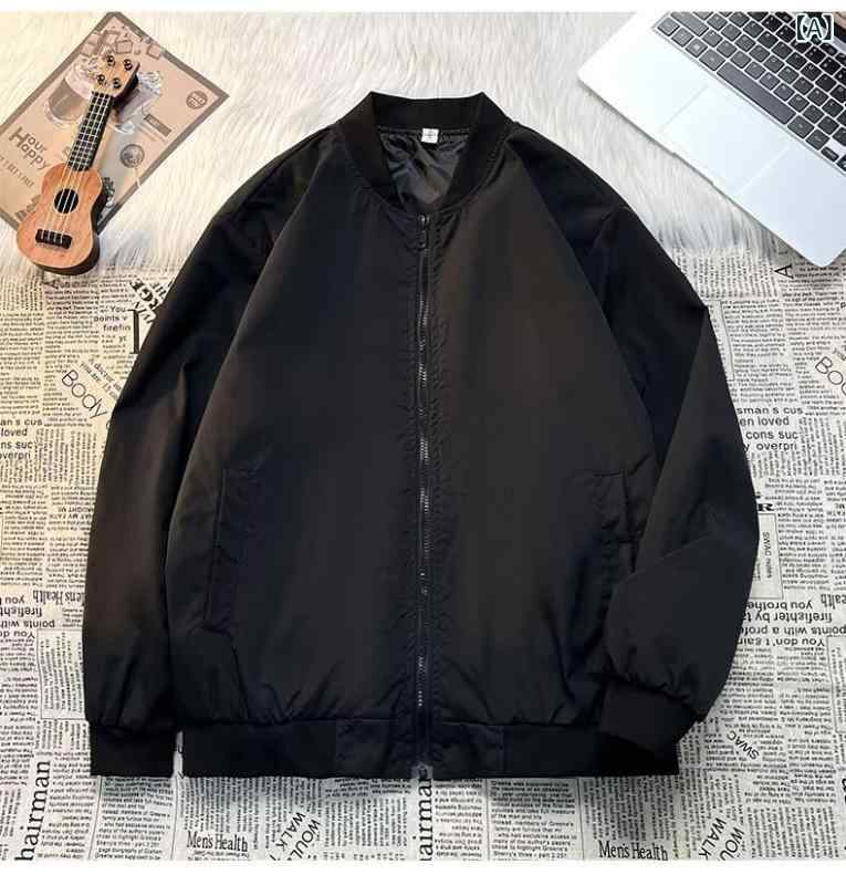 メンズ 飛行士 ジャケット 棒球服 工装風 アウトドア トップス 長袖 無帽 ジップアップ ルーズフィット コットン混紡 ポリエステル素材 吸湿速乾 軽量 夏用 春夏 秋 ブラック ホワイト サイドポケット ストレートヘム カジュアル 普段使い 青年向け
