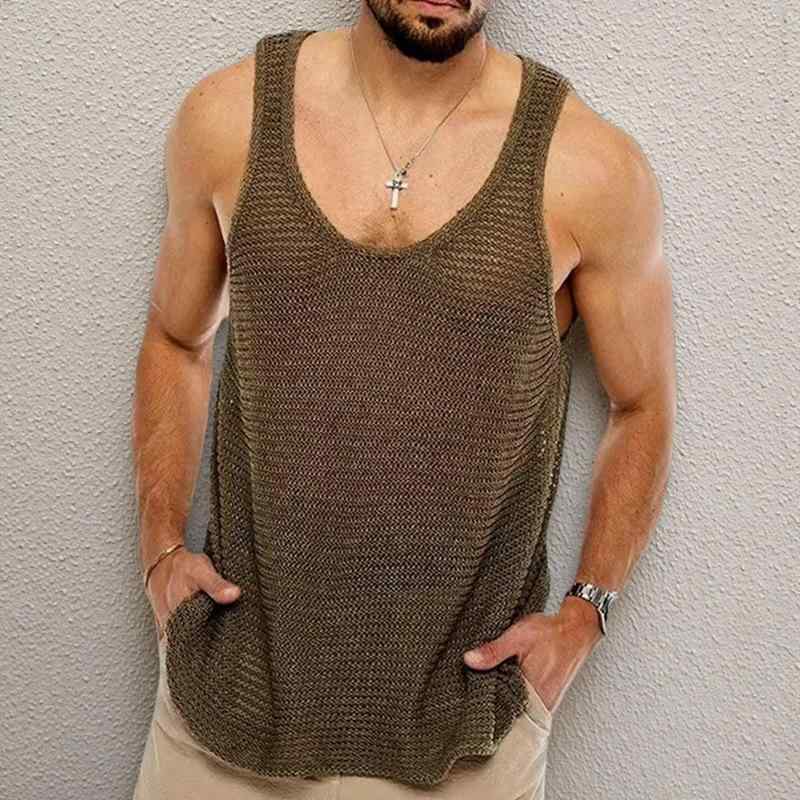Tシャツ メンズ 男性用 ノースリーブ ニット トップス 無地 薄手 スポーツ ウェア 白 黒 茶色 M L XL 2XL 3XL