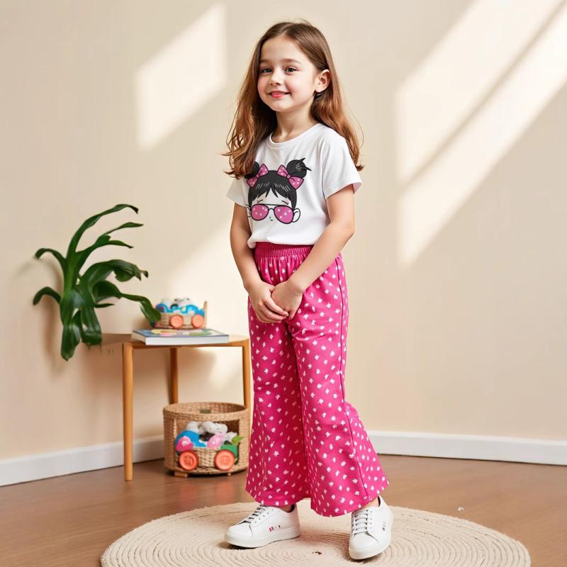 子供用パンツセットアップ 女の子 Tシャツ & フレアパンツ 長袖 カートゥーン柄 プリント コットン混紡 春秋 普段着 部屋着 ホワイト ピンク系