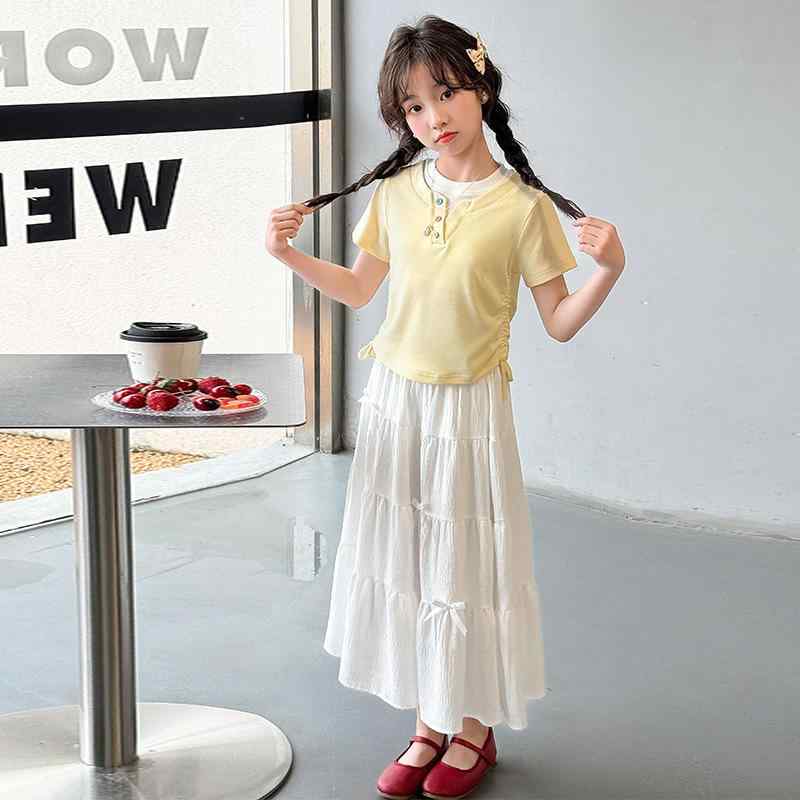 子供用セットアップ スカートスーツ 女の子 夏服 半袖Tシャツ 膝丈スカート 2点セット かわいい ガールズ 韓国風 おしゃれ着 イエロー ブルー ピンク系 120cm 130cm 140cm 150cm 160cm 170cm