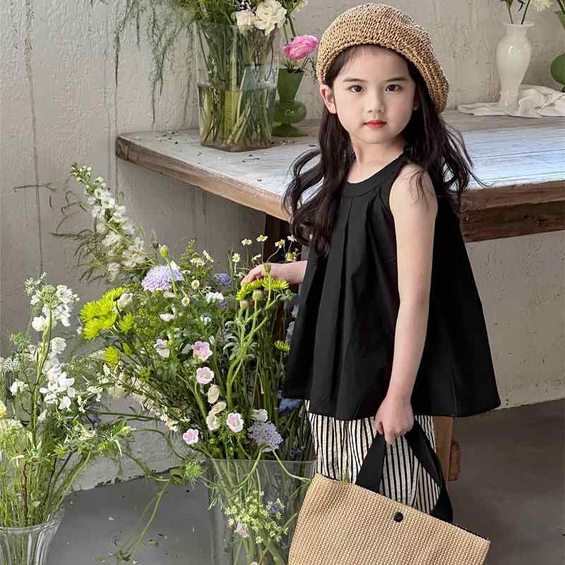 子供用セットアップ ノースリーブトップス ストライプ ワイドレッグパンツ 2点セット 夏服 女の子 ミドルキッズ かわいい ガールズ