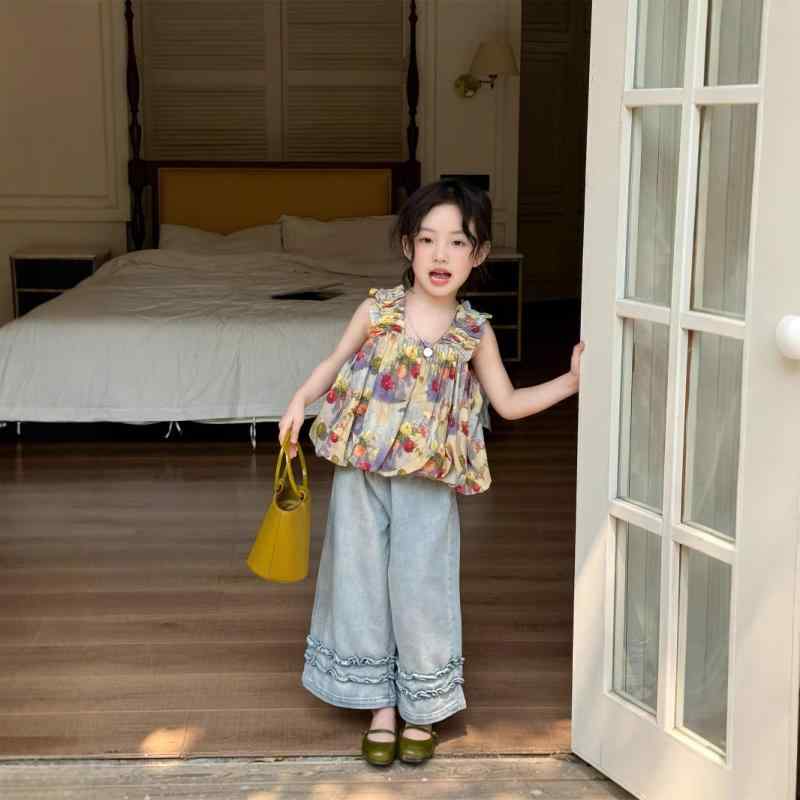 子供用セットアップ 女の子用 花柄キャミソール デニム ワイドパンツ 2点セット 夏物 韓国風 かわいい 薄手