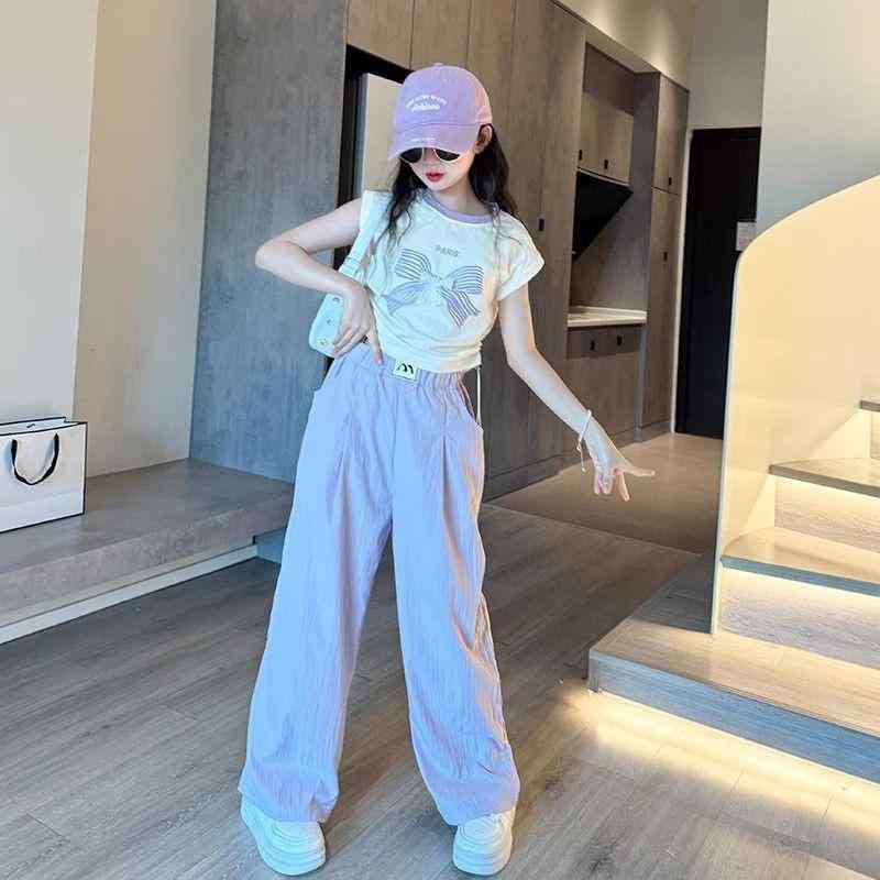 子供服 女の子 夏物 パンツセット 韓国風 ワイドレッグパンツ 薄手 半袖 トップス 上下セット パープル系