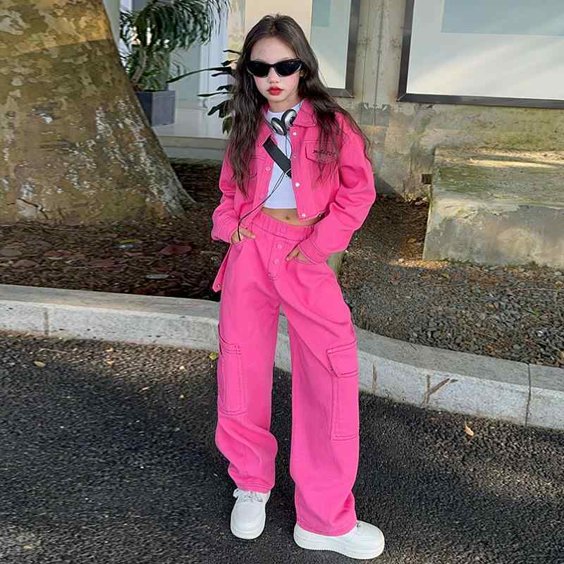 子供用パンツスーツ 女の子 秋物 長袖 ブルゾン ワイドレッグパンツ 2点セット ガールズ おしゃれ かわいい 普段着 ピンク系