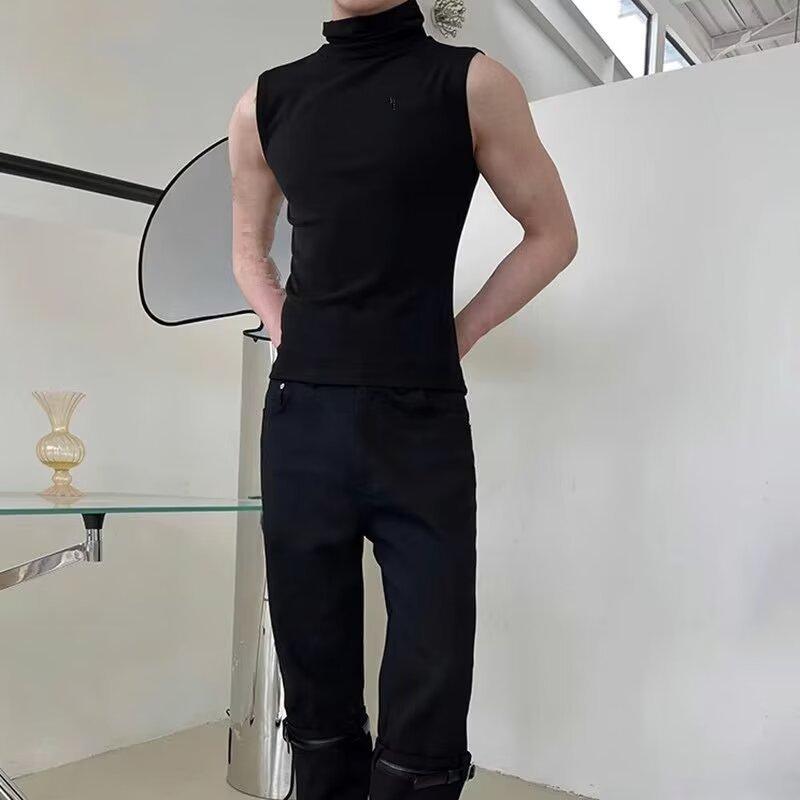 Tシャツ メンズ 男性用 ノースリーブ ハイネック 無地 スポーツ インナー 接触冷感 ストレッチ ブラック