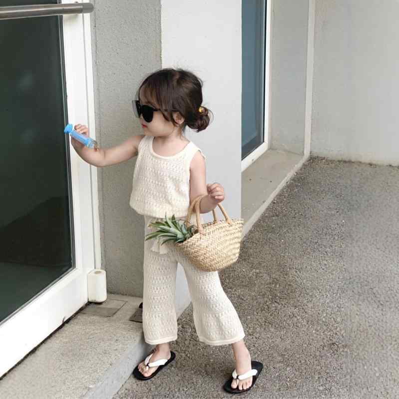 ニット セットアップ 女の子 子供服 薄手 ノースリーブ ワイドレッグパンツ 2点セット 春秋 綿