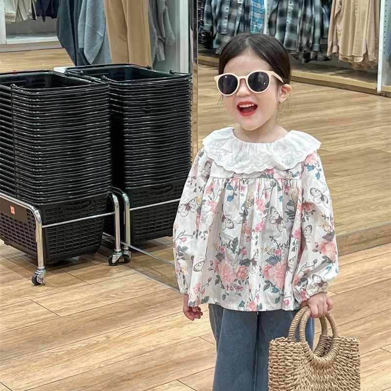 子供服 女の子 春秋 レース 襟 長袖 ブラウス デニム パンツ 2点セット かわいい 普段着 おしゃれ着
