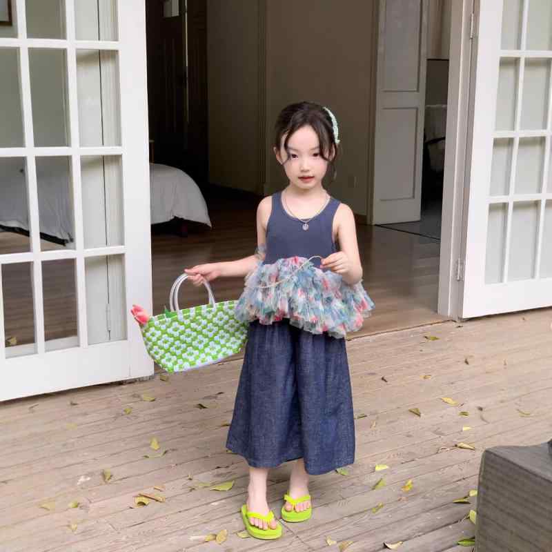 キッズ ノースリーブトップス デニムワイドパンツ 2点セット 子供服 パンツセット 9分丈 薄手 夏 B類 コットン95% 100 110 120 130 140