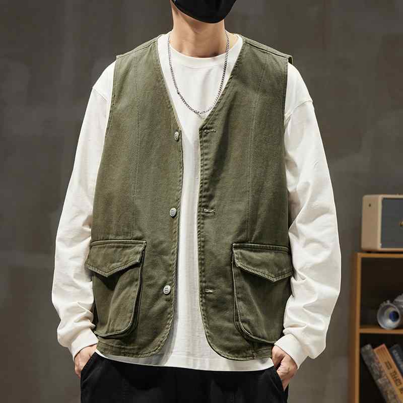 ジャケット メンズ デニム ワークベスト 男性用 レトロ カットオフ ノースリーブ 秋冬 綿100% 姜黄色 カーキ ブラック