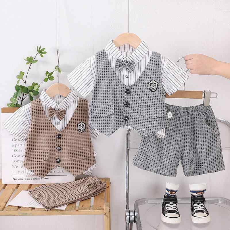 子供服 夏服 カジュアルセットアップ 0歳 1歳 2歳 3歳 4歳 5歳 男の子 フォーマル 半袖シャツ チェック柄ベスト 短パン 3点セット 涼しい 薄手 綿 グレー カーキ