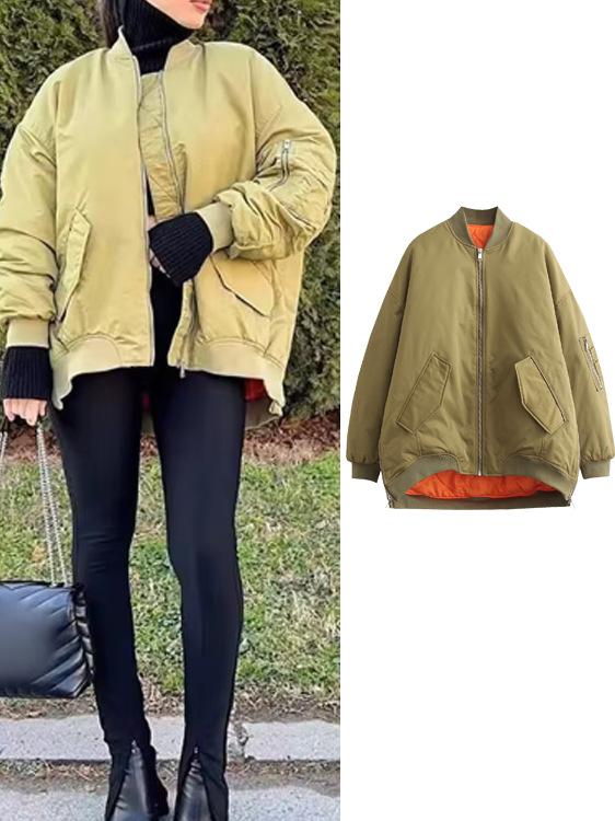 レディース 飛行服 ジャケット コート 薄手 綿 トップス 女性用 長袖 切り替え デザイン 立襟 ポケット 付き ポリエステル 素材 ゆったり シルエット 普通 丈 街頭 スタイル 個性 ファッション ブラック オリーブカラー 秋 シーズン 普段使い