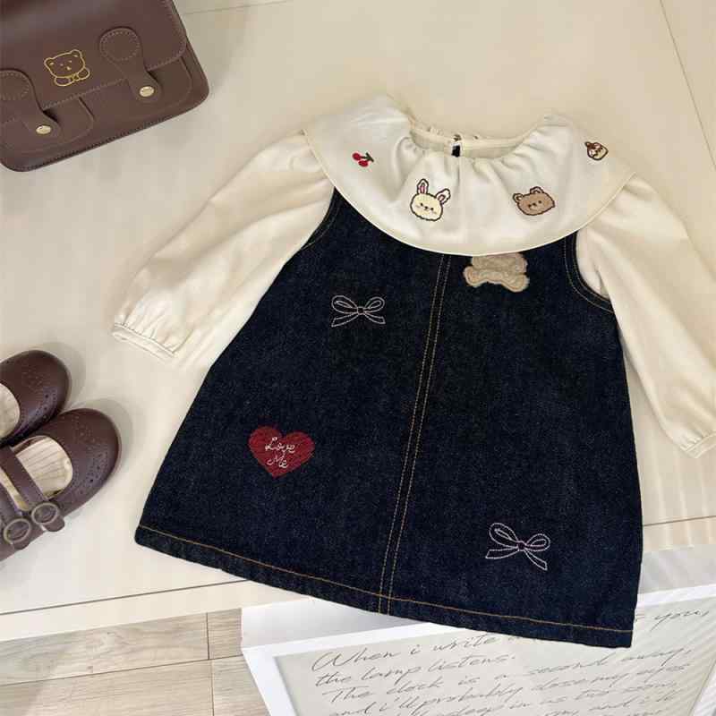 子供用セットアップ スカートスーツ 女の子 長袖シャツ デニムスカート 春秋 かわいいクマ柄 ミドル丈 ベージュ系 80 90 100 110 120 130
