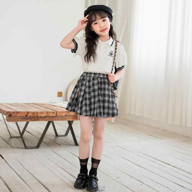 子供用セットアップ 女の子 半袖ポロシャツ 膝丈スカート 2点セット 春夏 子供服 大童サイズ 通学着 普段着 ブラック系 格子柄 綿95%