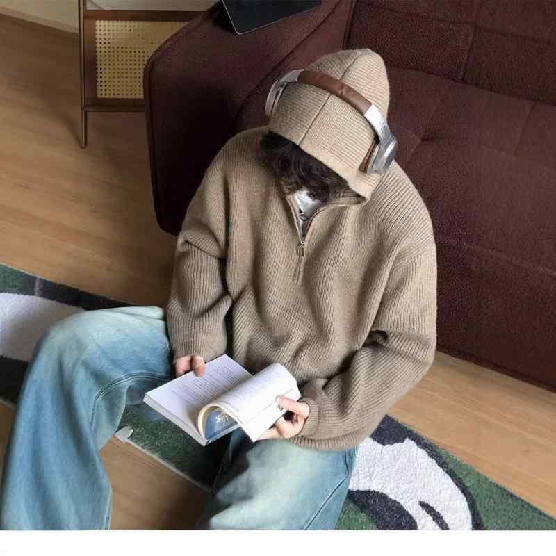 ニット メンズ 秋冬 フード付き ハーフジップ プルオーバー セーター トップス 長袖 無地 リブ 暖かい 防寒 ゆったり カジュアル スタイル 黒 ブラック グレー カーキ ポリエステル