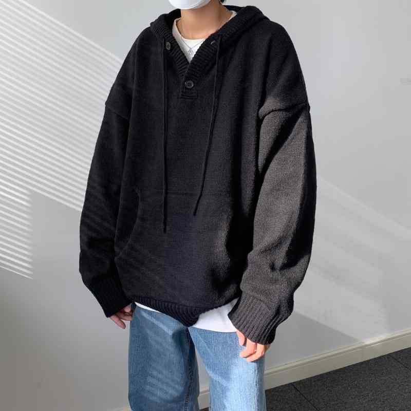 ニット メンズ 男性用 パーカー 秋冬 プルオーバー セーター ゆったり リブ袖 青年 普段着 部屋着 ブラック コーヒー色