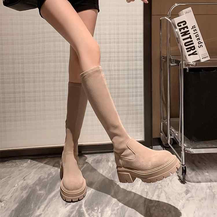 ブーツ レディース 厚底 ストレッチ ロングブーツ 膝下丈 チャンキーヒール スエード ラウンドトゥ 美脚 身長アップ 疲れない 歩きやすい 防水 滑り止め カジュアル 秋冬 黒 ベージュ ブラウン