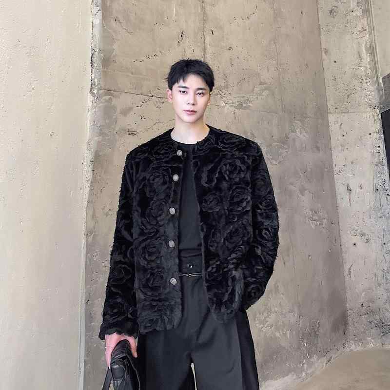 ジャケット 男性用 立体 花柄 ジャカード フェイクファー ブルゾン モコモコ エンボス加工 ショート丈 春秋 ポリエステル 黒｜トミーショップ 店
