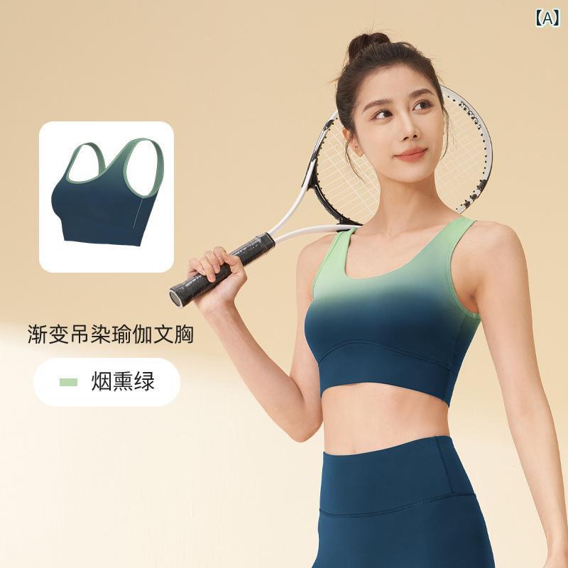 スポーツブラ 女性用 ヨガブラ グラデーション カラーリング 高弾性 ナチュラルフィット 後ろホック フィットネス 防振 バックスタイル 運動ブラ 無鋼 薄カップ 全カップ 固定ストラップ シームレス ナイロン ストレッチ 吸湿速乾 軽量 煙緑 嵐グレー