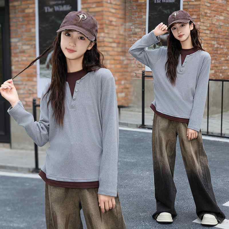 ニット 春秋 女児 女の子 子供服 キッズ トップス 長袖 Tシャツ 付け襟風 ゆったり 大きいサイズ 中学生 小学生 通学着 普段着 グレー