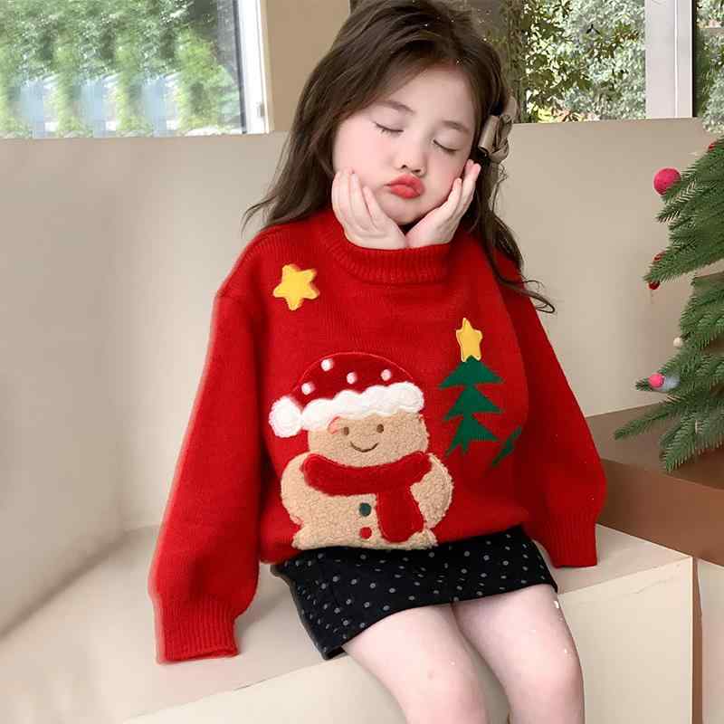 子供用ニット・セーター 女の子用 クリスマス柄 ラウンドネック 長袖 厚手 秋冬 子供服 90 100 110 120 130 140cm 普段着 かわいい 赤色