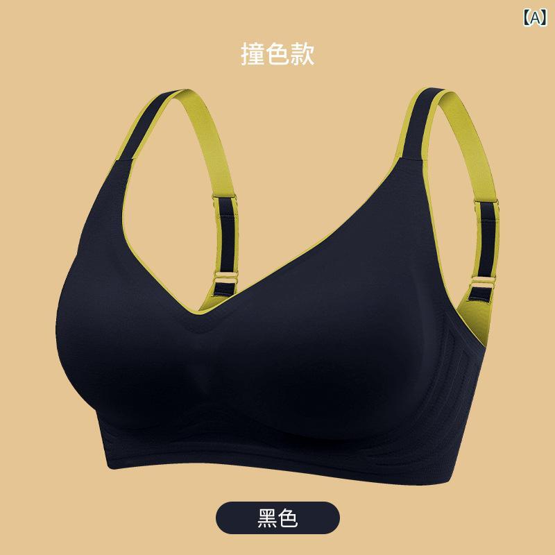 ブラ 文胸 女性用 無鋼 スポーツブラ 薄手 夏用 無痕 インナー 3/4カップ 上薄下厚 固定肩帯 後三列フック ニット ナイロン スパンデックス ストレッチ 脇肉収集 小胸向け プッシュアップ 快適 フィット ブラック ベージュ グリーン系 紫系 イ
