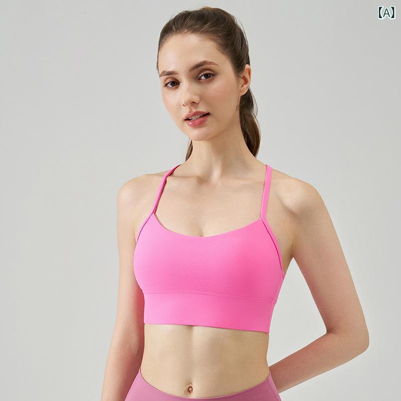 スポーツブラ レディース 裸感 フィットネス ワイヤレス 3/4カップ 中厚み 細肩ストラップ 背心型 ヨガ ランニング 切り替えデザイン 伸縮性 吸湿速乾 ニット素材 通年用 ピンク系 ホワイト ブラウン系 ブルー グレー系 パープル系 グリーン系 ブ