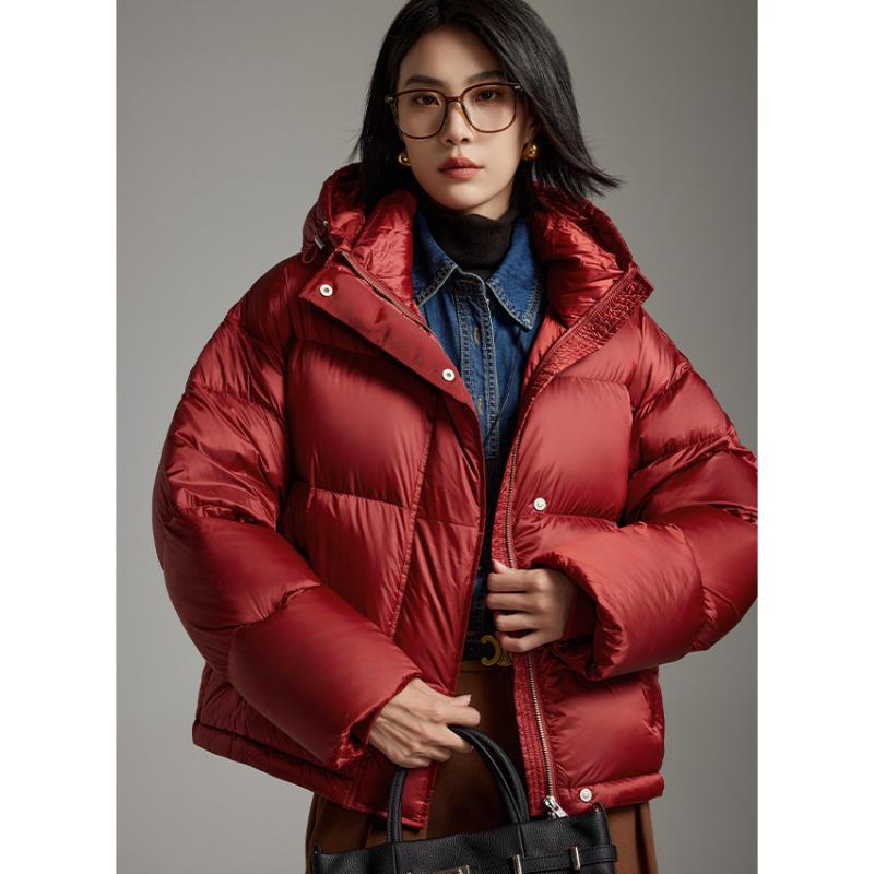 ダウンジャケット レディース ショート丈 フード付き ゆったり 厚手 防寒 アウター 赤 黒