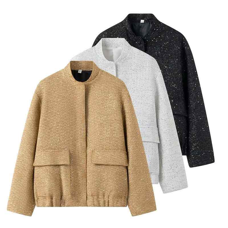 ジャケット レディース 長袖 立領 フラッシャー 棒球服 外套 街頭ファッション ストリートスタイル 欧米風 個性派 単品 標準版型 中厚 暗扣 ポリエステル ブラウン ライトグレー ブラック XS S M L 潮人 クロスボーダー 成人女性 用 普段使