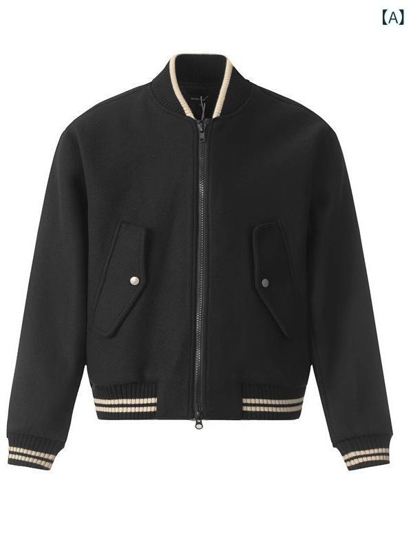 メンズ ジャケット 棒球服 復古 毛・希 短丈 春秋 ストリート ファッション クリーン フィット スタイル スタイリッシュ ルーズ フィット 長袖 ノーカラー ジップアップ ストライプ ソリッド カラー ブラック ポリエステル 素材 免?加工 サイドポケ