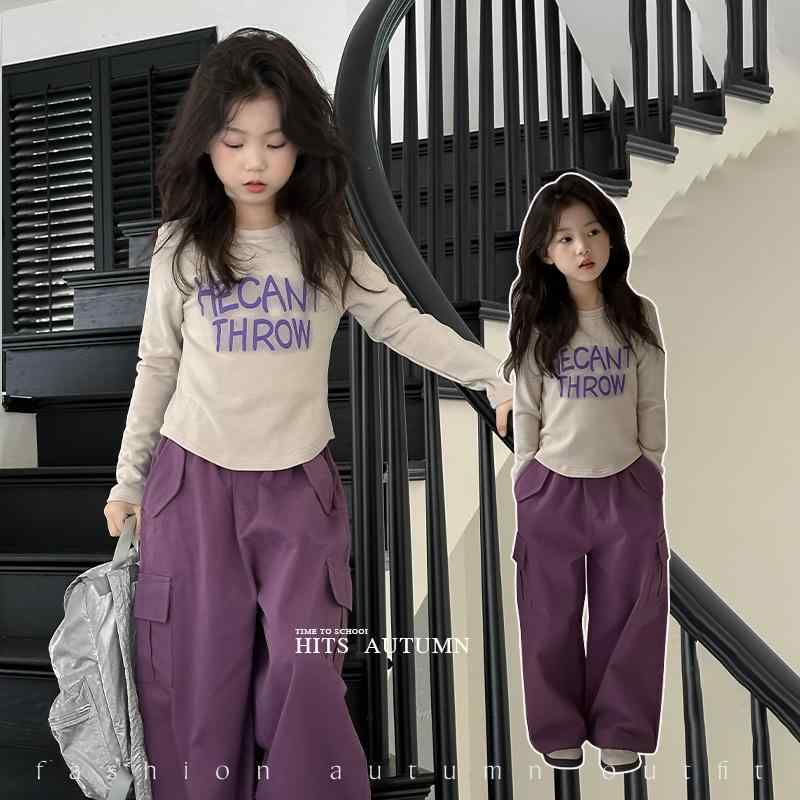 子供用セットアップ ガールズ 韓国風 トップス ワークパンツ 2点セット 長袖 綿混紡 秋物 通学 普段着