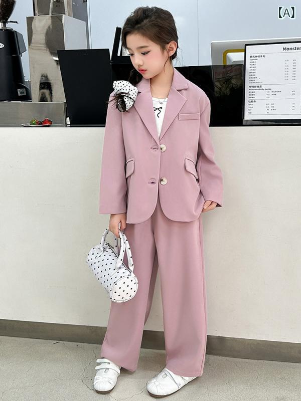 子供用スーツ パンツセット 春秋 女の子 子供服 上下セット フォーマル 発表会 演奏会 結婚式 120cm 130cm 140cm 150cm 160cm 170cm 紫ピンク系 杏色 ポリエステル