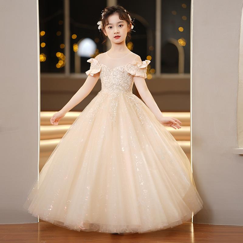 子供用フォーマルドレス ガールズプリンセスドレス ロング丈 ウェディング ピアノ発表会 女の子ワンピース レース チュール 春夏