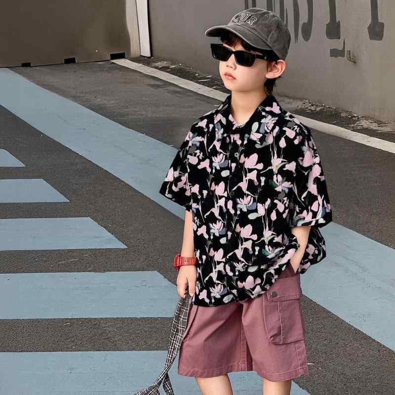 シャツ キッズ 男の子 半袖 花柄 リゾート 薄手 コットン 子供服 上下セット ハーフパンツ