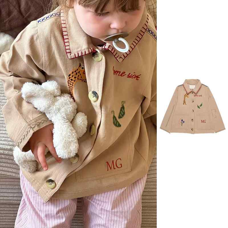 子供服 ジャケット 春秋 男女兼用 刺繍 かわいい ベビー服 ポロ襟 カーディガン 綿100％ アウター ベージュ系 90 100 110 120 130cm