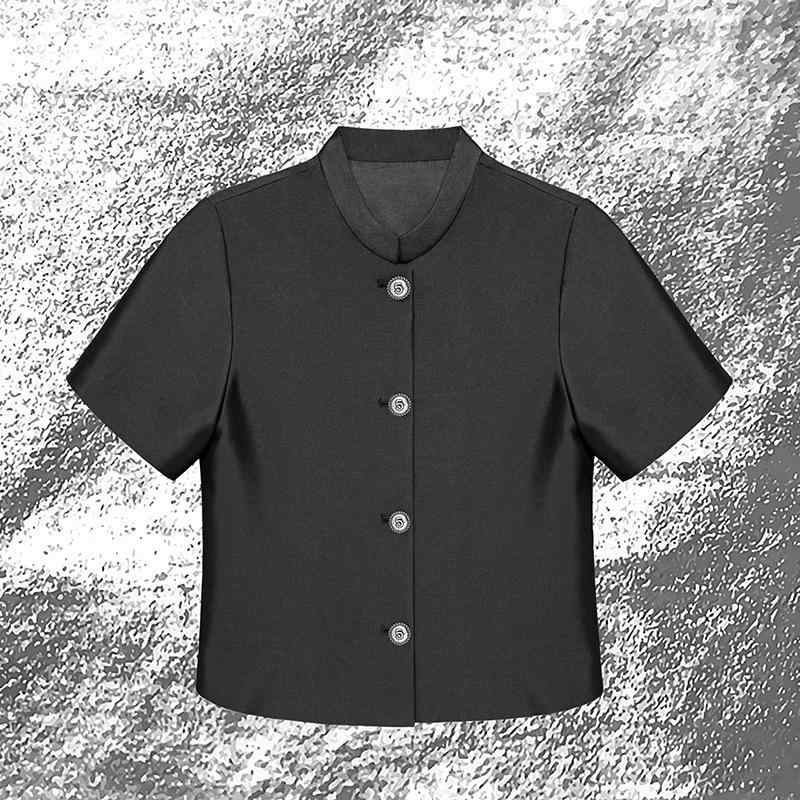 ジャケット レディース 桑蚕糸 ウール混紡 カジュアル サマージャケット ショート丈 POLO襟 五分袖 黒 S M L 日韓スタイル