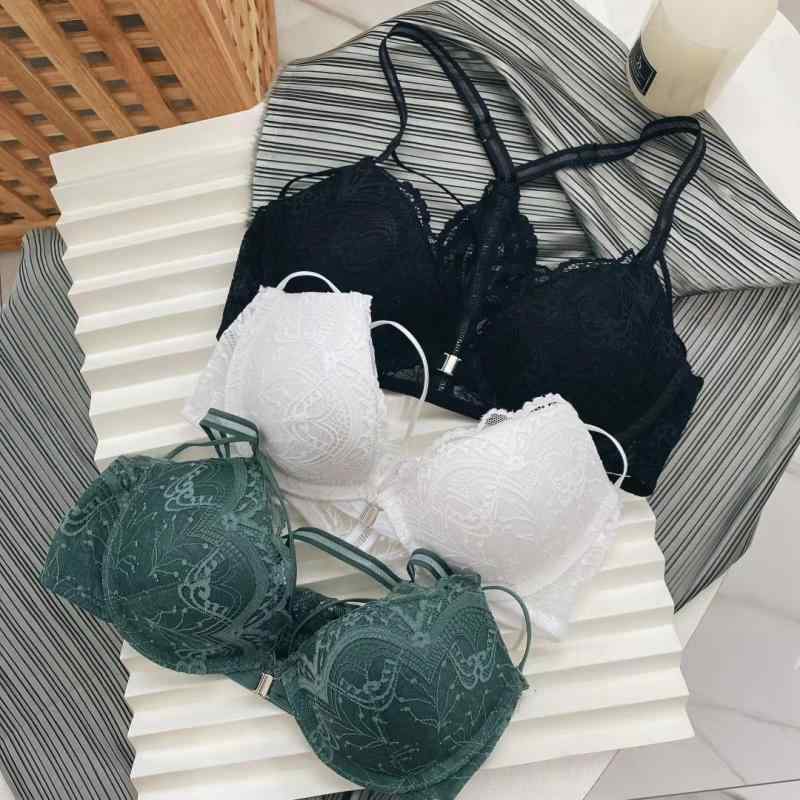 ブラ 女性用 セクシー フレンチ スタイル 前ホック レース インナー 小胸 集める 上持ち ワイヤー 美しい背中 文胸 ニロン 素材 3/4 カップ 上薄下厚 固定肩ストラップ Tバック型 レースエッジ 白色 緑色 ブラック 通年使用 軽量 伸縮性 集
